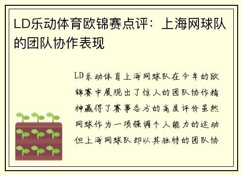 LD乐动体育欧锦赛点评：上海网球队的团队协作表现