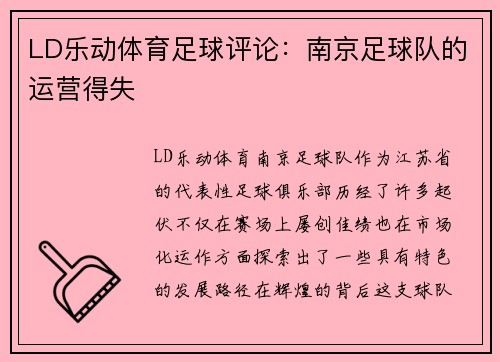 LD乐动体育足球评论：南京足球队的运营得失